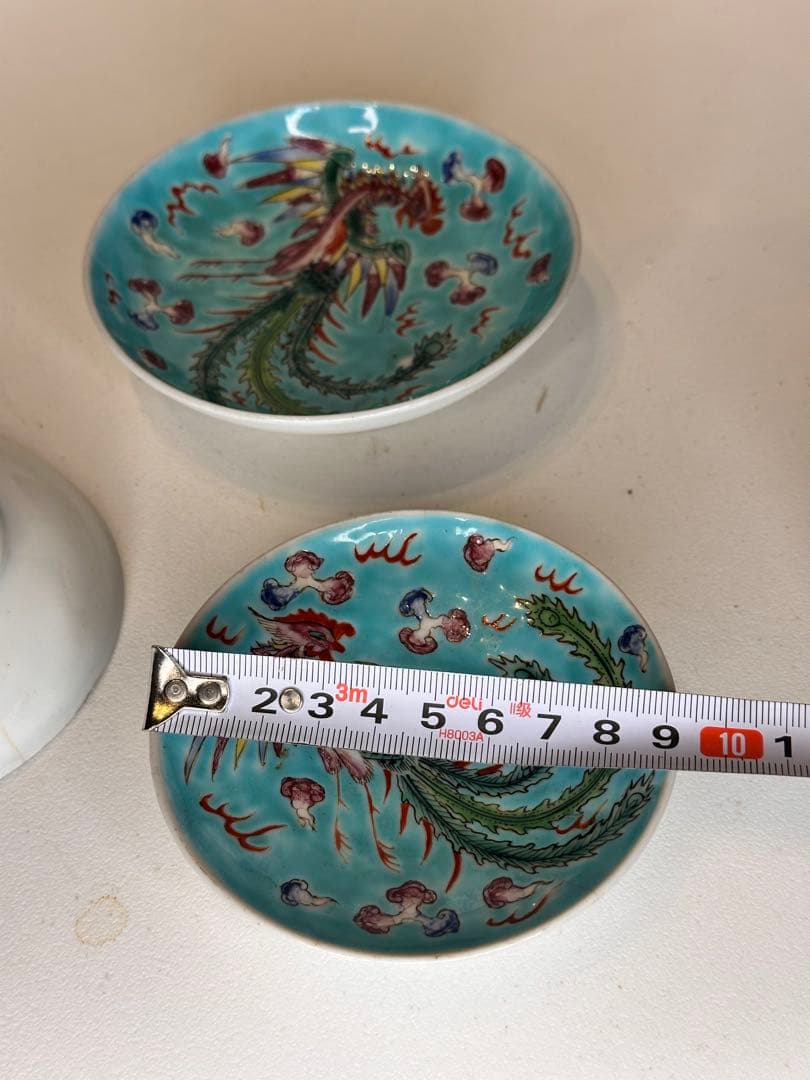 青釉　鳳凰文　色絵　小皿　三点組　底款有　古美術