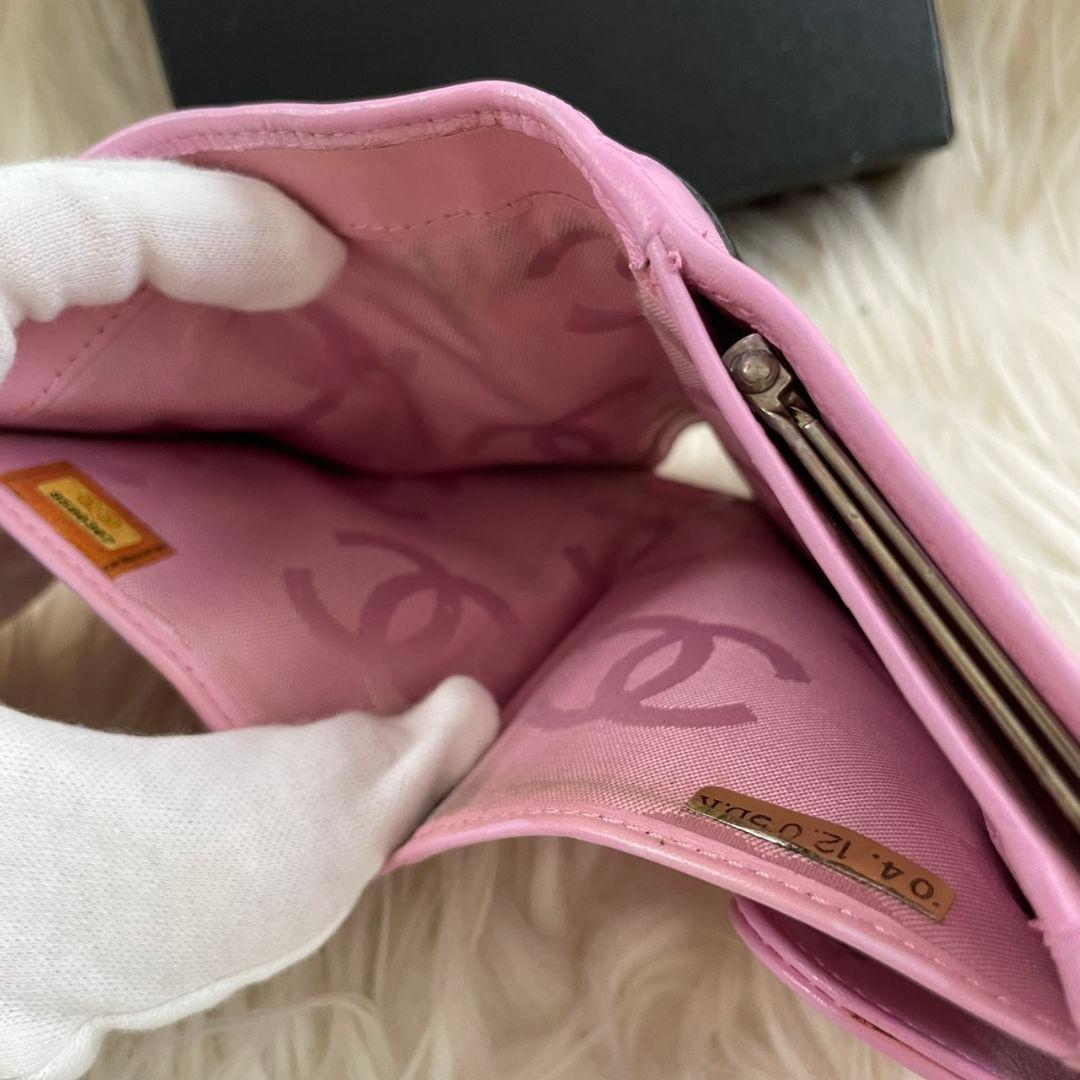 シャネル CHANEL 二つ折り 財布 カンボンライン ココマーク ピンク 黒