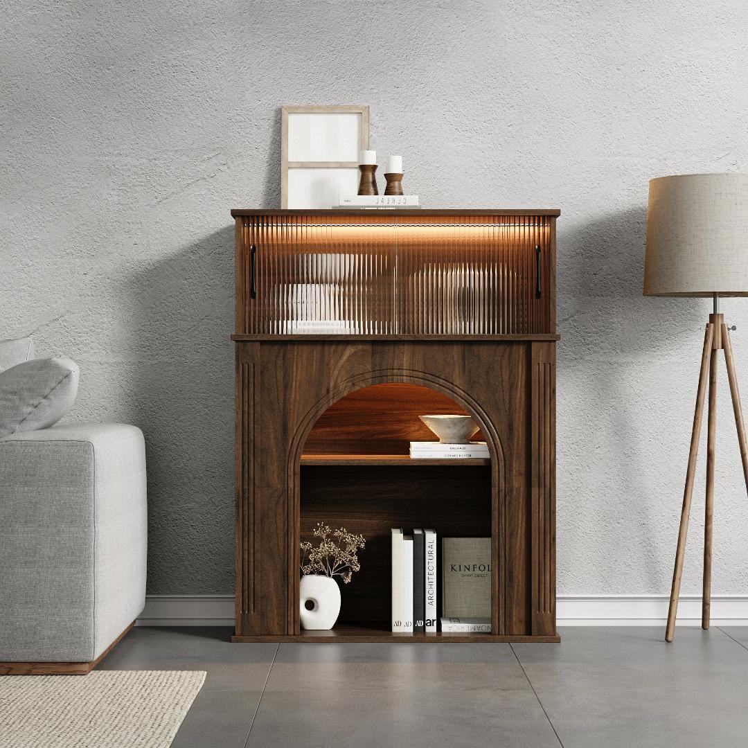 LEDライト付 マントルピース ディスプレイキャビネット 収納棚 暖炉風シェルフ