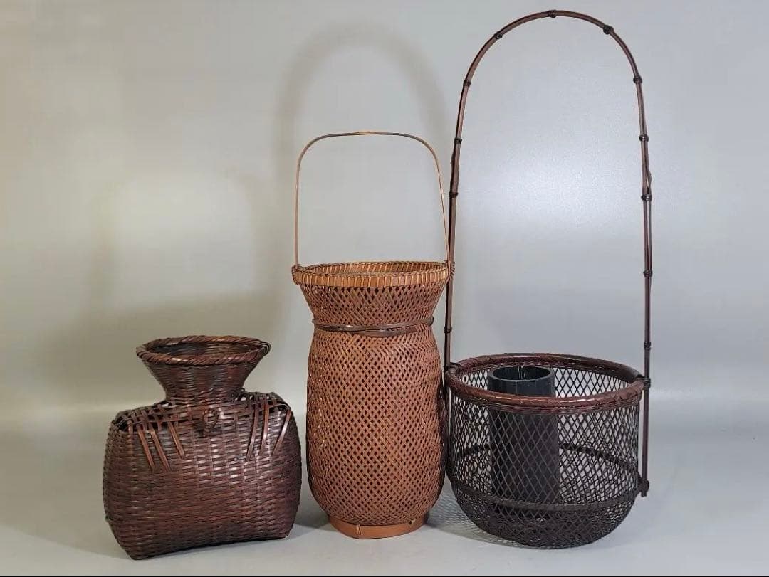 DT532 竹籠 花生 三件 在銘 作家物