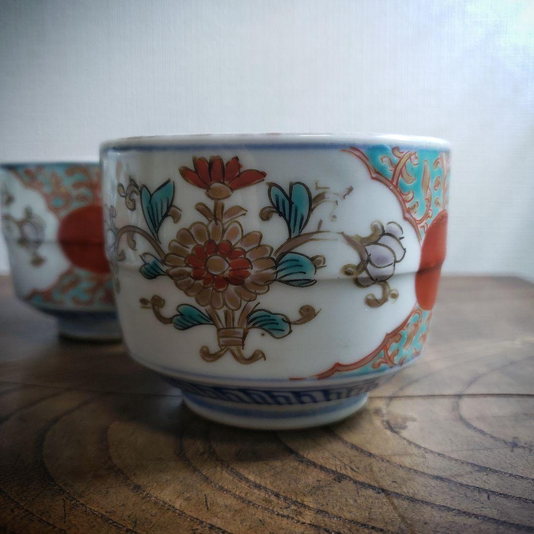 蕎麦猪口　向付　5客　古伊万里　変わり形　赤玉　花束　唐草　色絵付　金彩　ニュウ