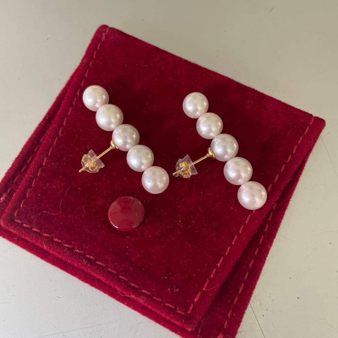 【試着のみ】5連パールピアス ピンク系 あこや真珠　本物