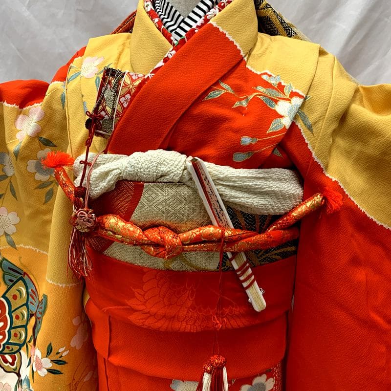 508ag90□七五三 七歳 女児 着物&袋帯 金駒刺繍 蝶 桜□美品