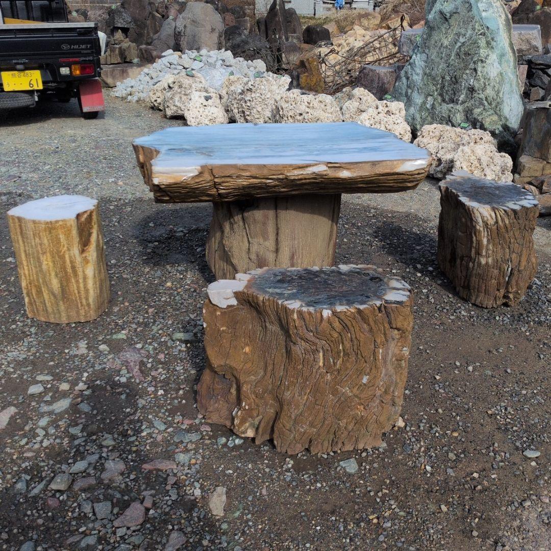インドネシア産　珪化木　ガーデンテーブル　椅子4石　セット　木化石