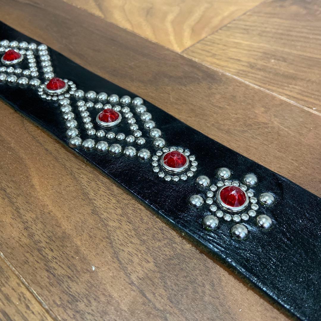 希少美品 TMT スタッズベルト ブラックレザー×レッドストーン HTC