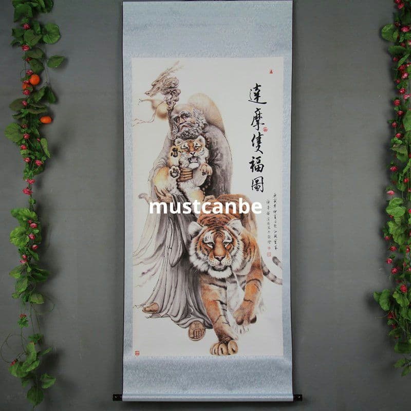 中国美術品 山水宣紙巻物画 掛画 仏像達磨双虎福図 達磨伏虎現代工芸品美術品置物