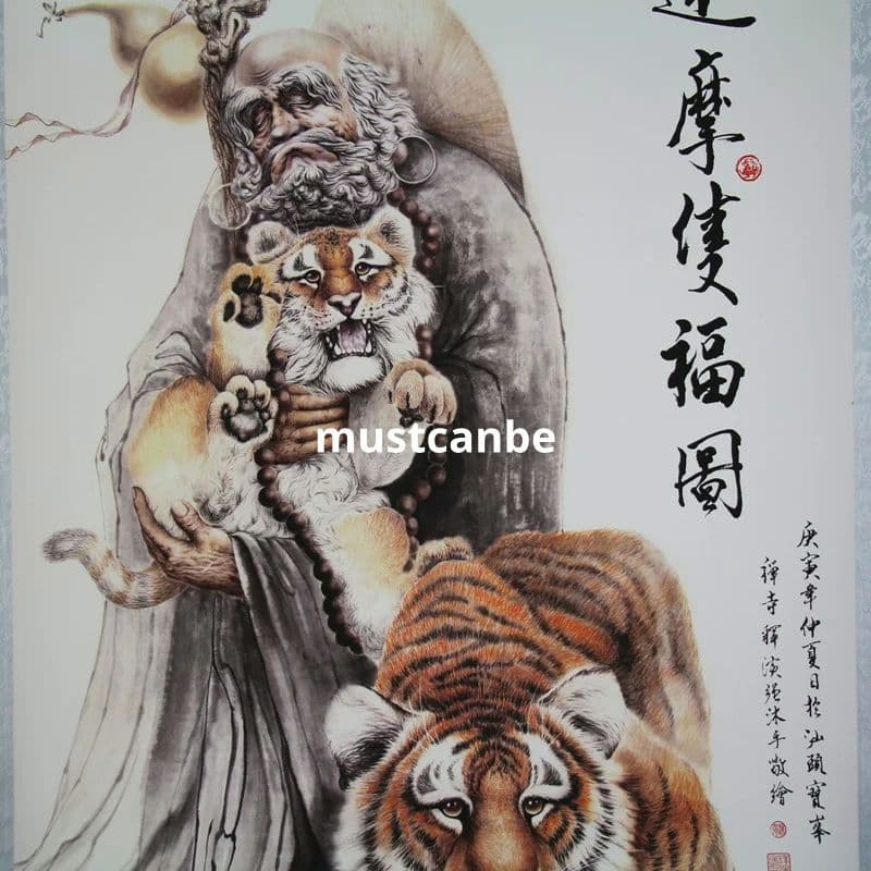 中国美術品 山水宣紙巻物画 掛画 仏像達磨双虎福図 達磨伏虎現代工芸品美術品置物