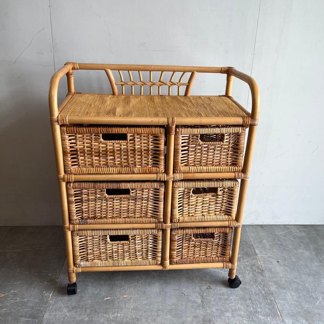 ヴィンテージ ラタン 籐 ラック シェルフ 3段 6杯 昭和レトロ