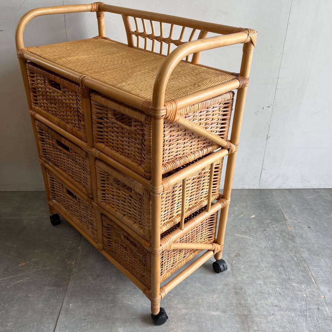 ヴィンテージ ラタン 籐 ラック シェルフ 3段 6杯 昭和レトロ