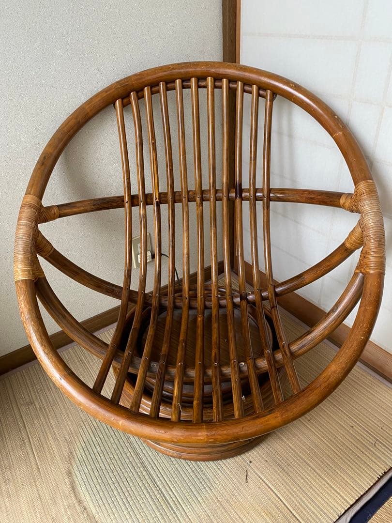 昭和レトロ 古家具 回転式ラタンチェア ラタンソファ エッグチェア 籐製 とう②