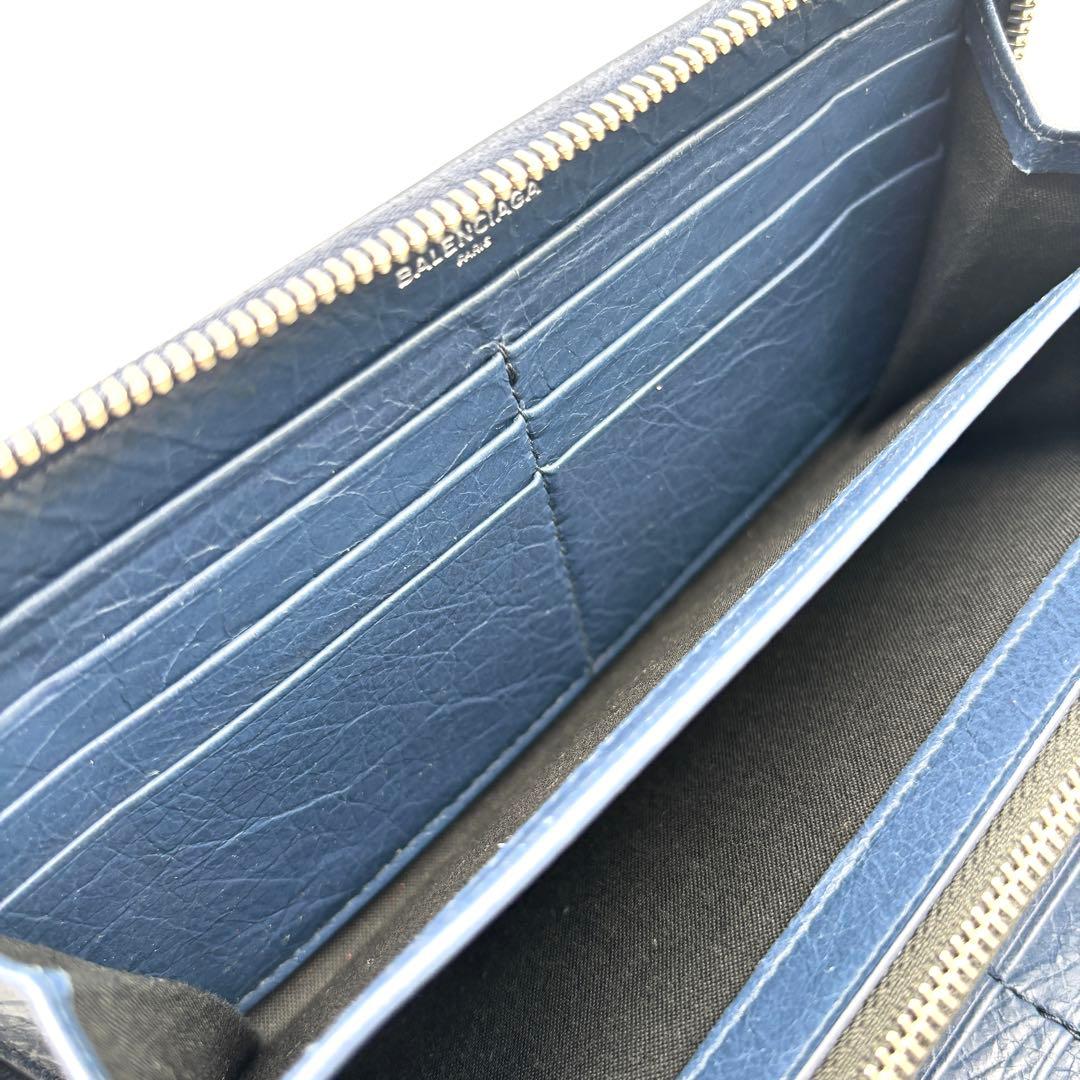 美品 バレンシアガ 長財布 ラウンドファスナー シワ加工 レザー ネイビー