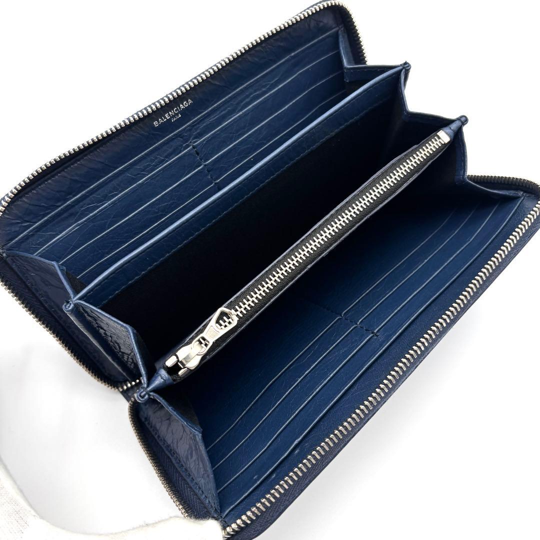美品 バレンシアガ 長財布 ラウンドファスナー シワ加工 レザー ネイビー