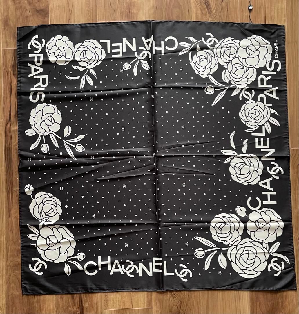 未使用 CHANEL カメリア シルクスカーフ ブラック ノベルティ