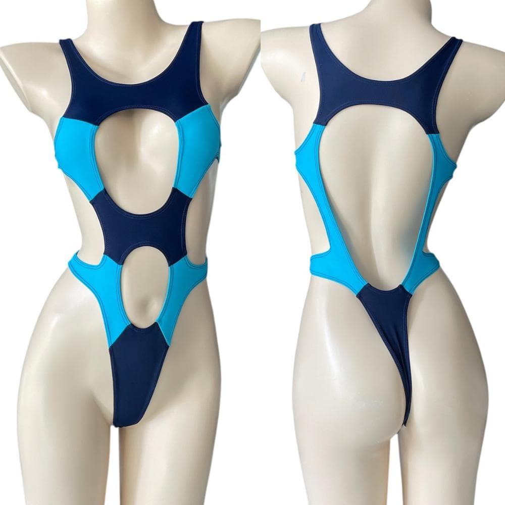 レオタード　ハイレグ　穴あき　ネイビー×カリビアンブルー