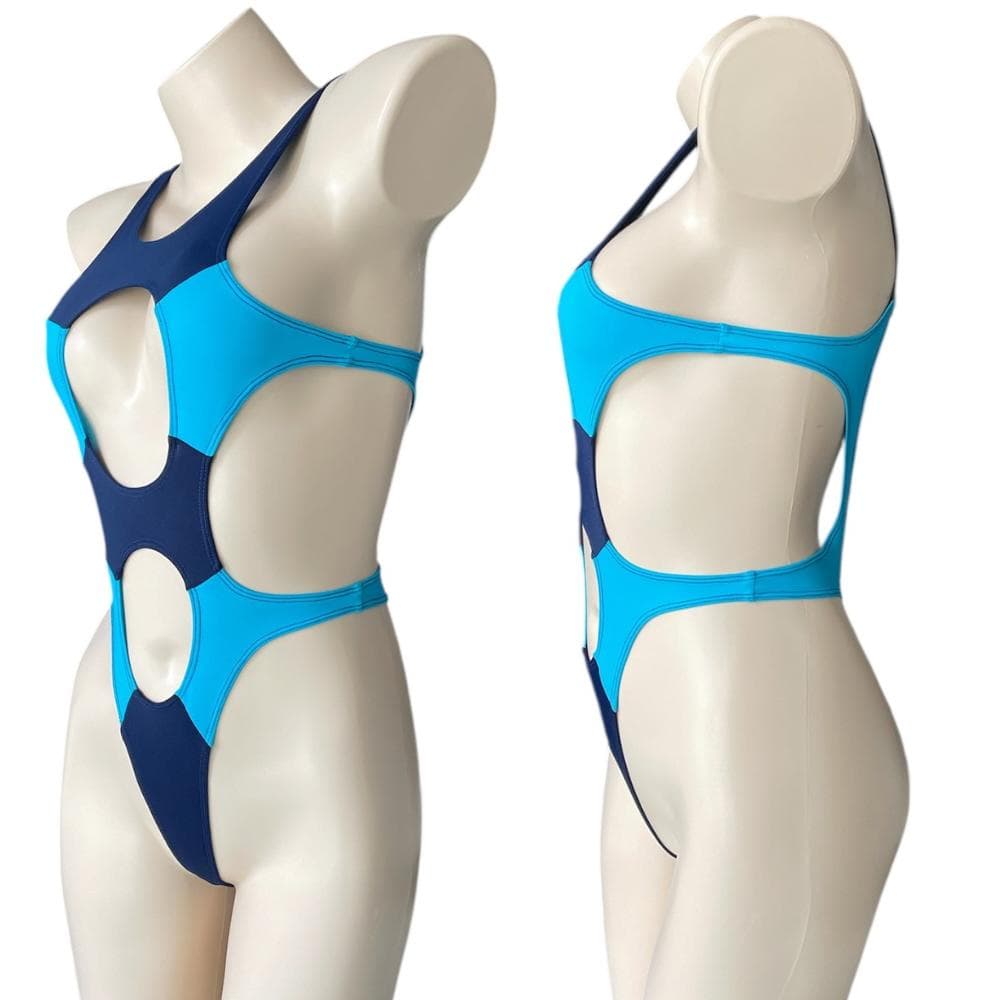 レオタード　ハイレグ　穴あき　ネイビー×カリビアンブルー