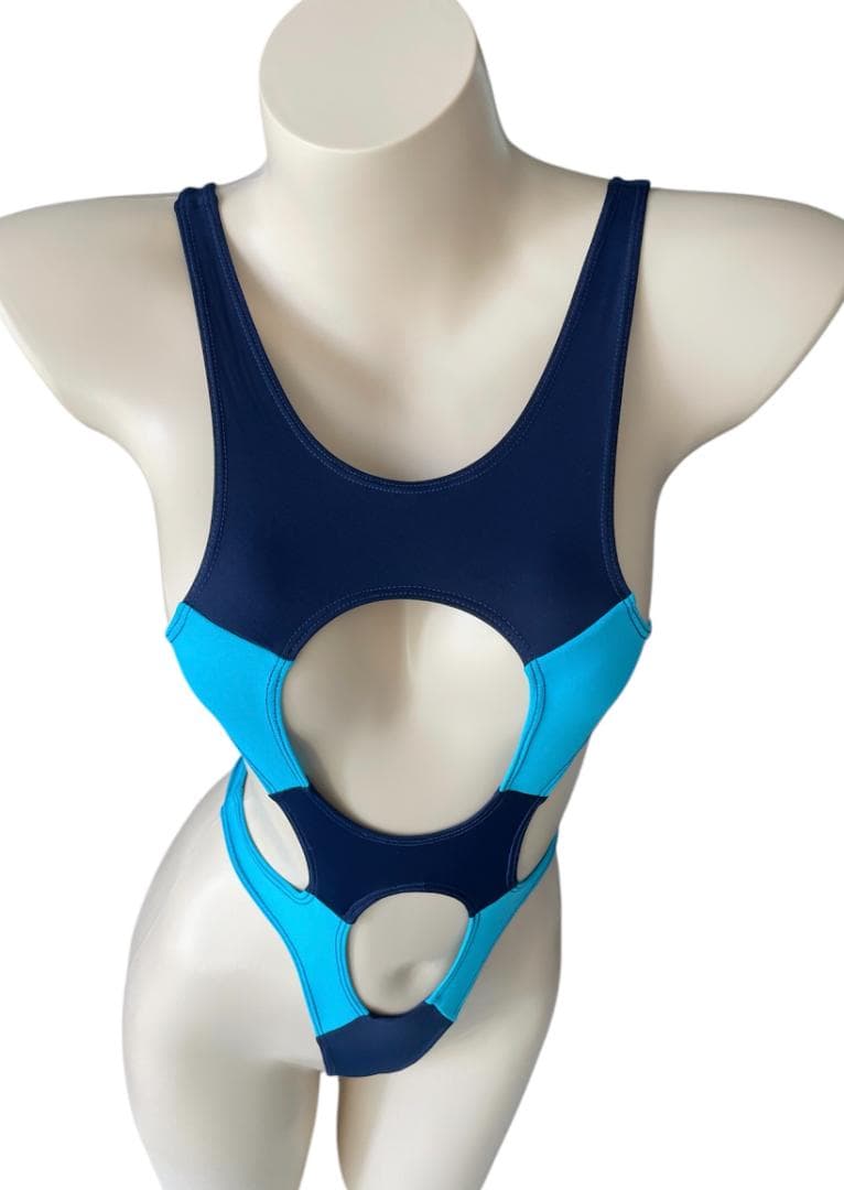 レオタード　ハイレグ　穴あき　ネイビー×カリビアンブルー