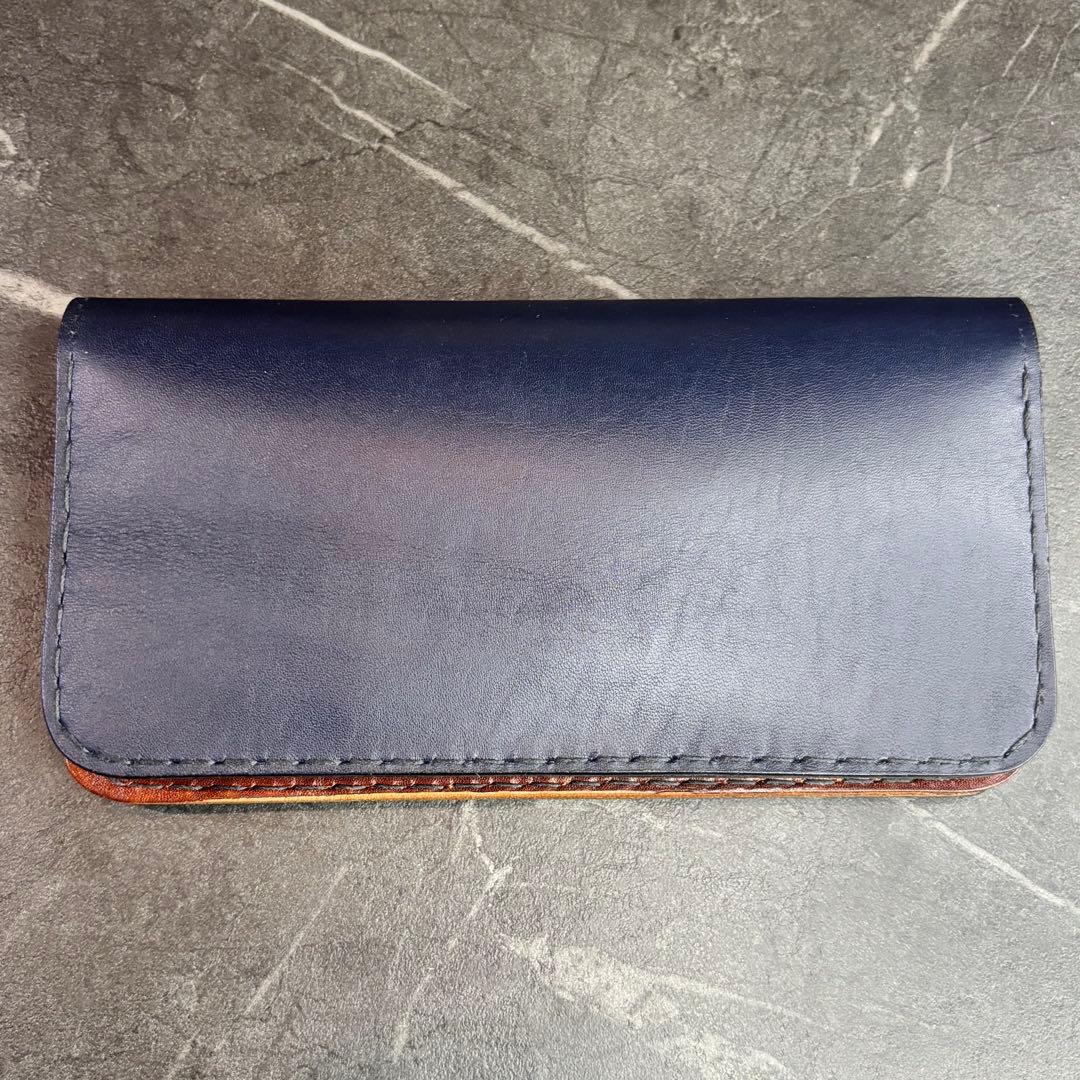 ハンドメイド　レザー長財布 ネイビー　革財布