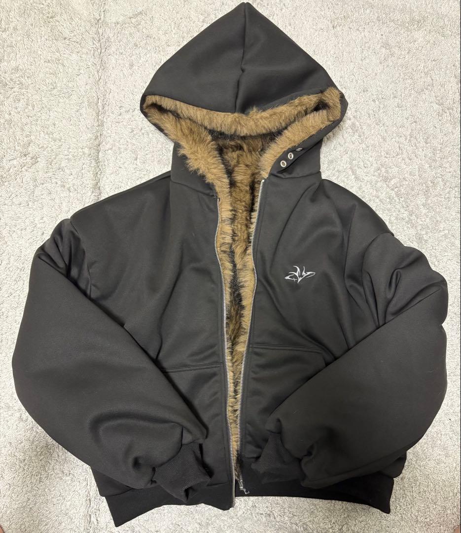 ファージャケット リバーシブル ブラウン ブラックミックス フード付き