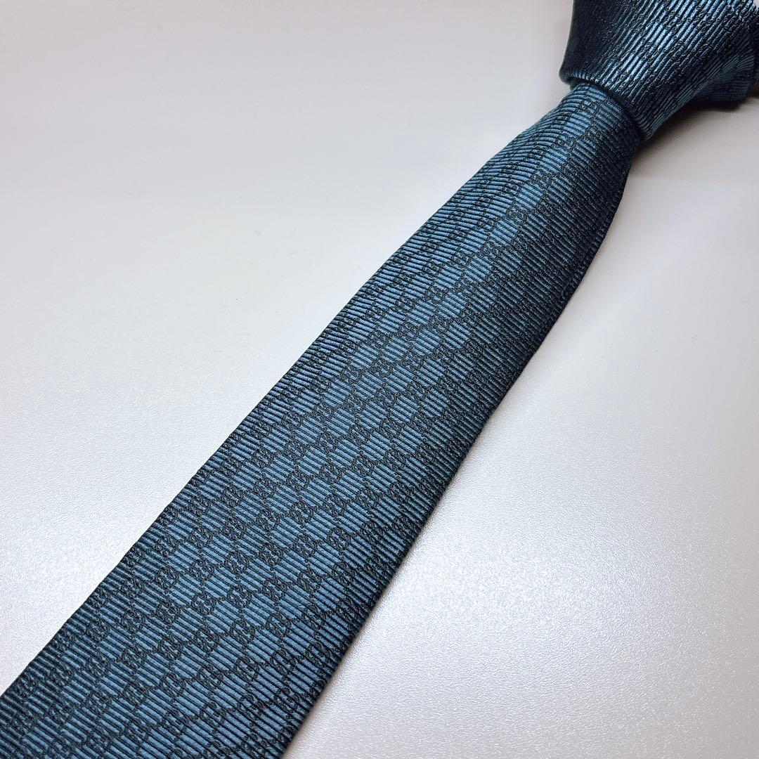 GUCCI グッチ GG柄 総柄 ネクタイ 藍色 7cm シルク 細身
