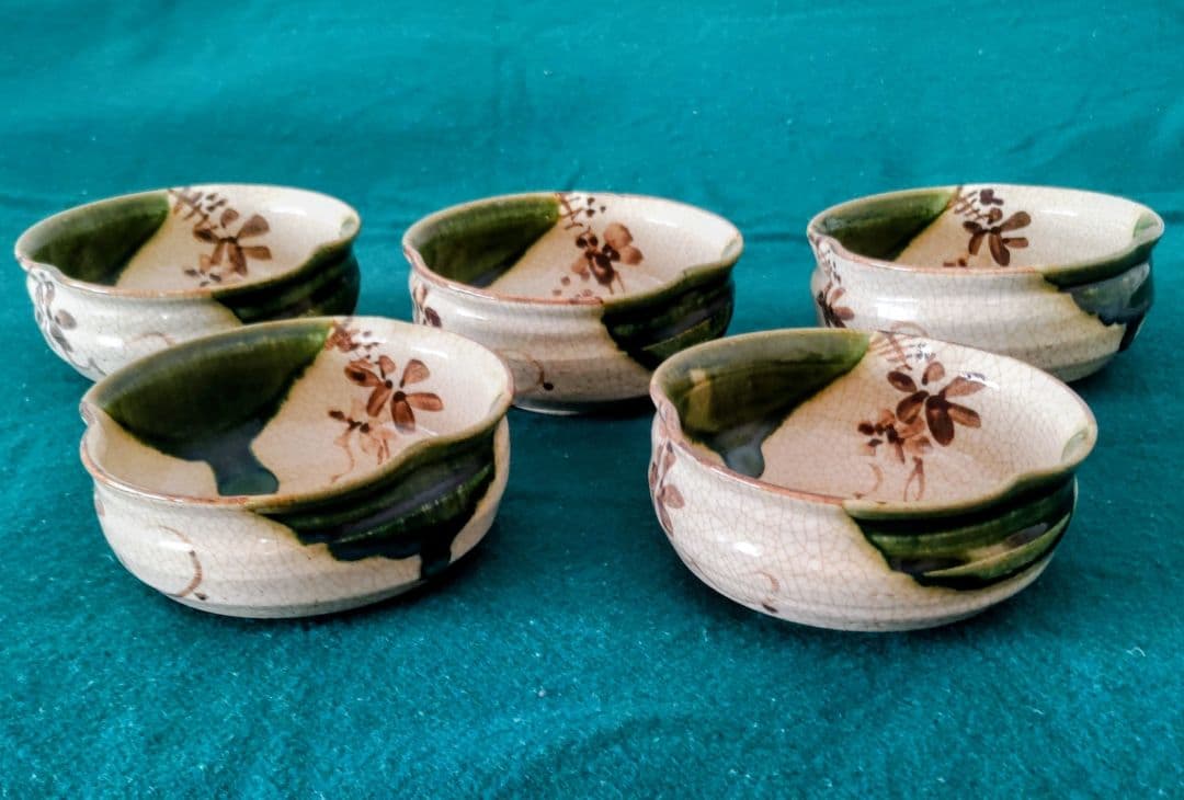 花柄浅いボウル織部焼 5個セット 木箱入り