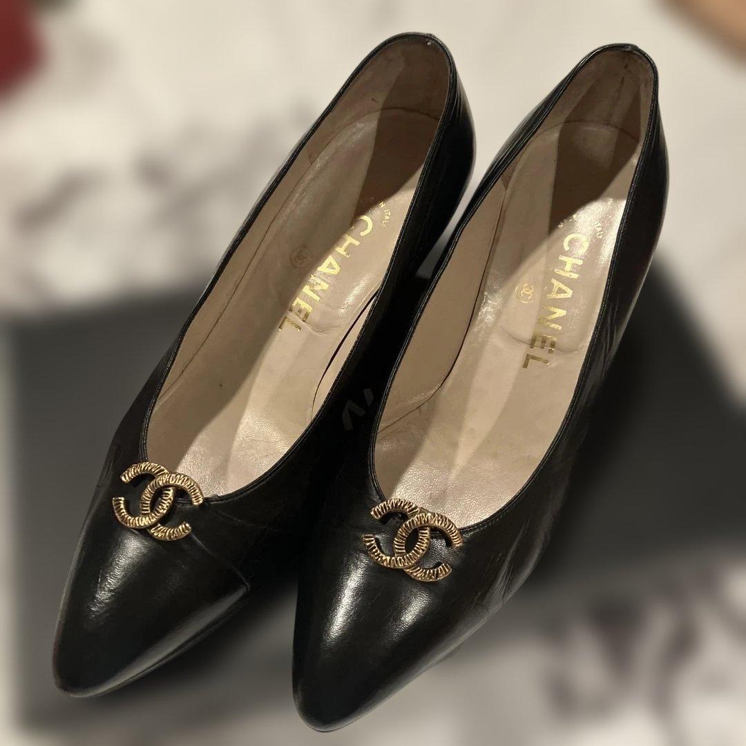 CHANEL　【箱付き】　ブラック ポインテッドトゥパンプス