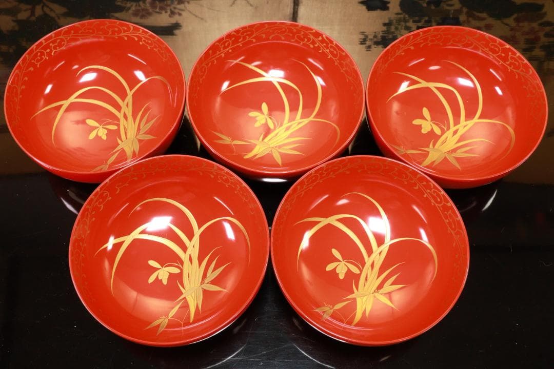 BJ120　時代輪島塗　四君子図蒔絵　吸物椀　五客　木製　茶道具 懐石 会席