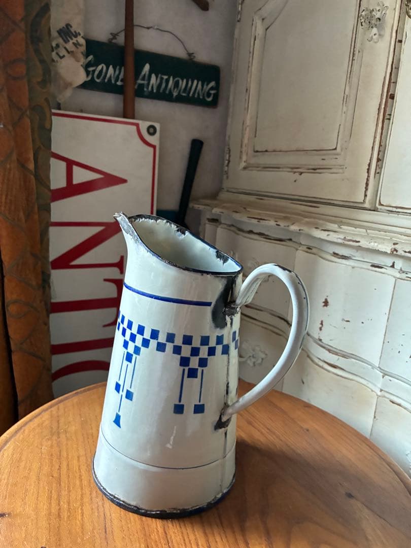 フランス　アンティーク　ホーロー　ジャグ　ピッチャー　水差し　市松　ダミエ