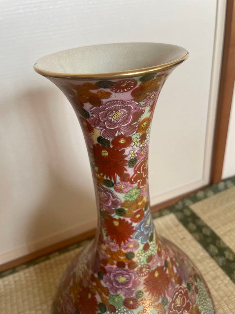 薩摩焼　飾り壺　花瓶　島津家紋入 丸十字　色絵　金彩　高さ46.5㎝ 大型　大壺