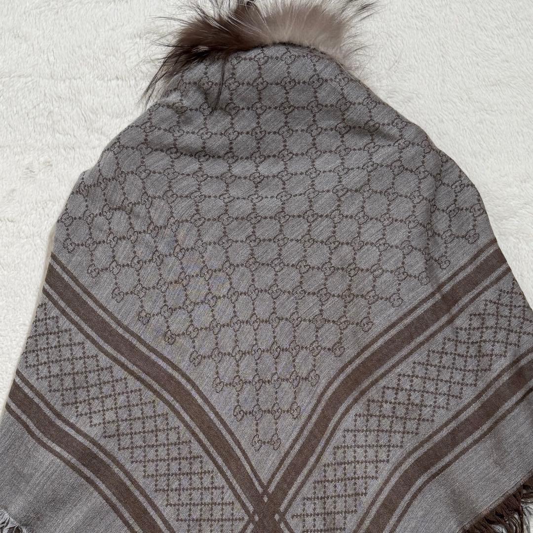 美品✨　グッチ　大判ショールストール　GG柄　シルク混　フォックスファー