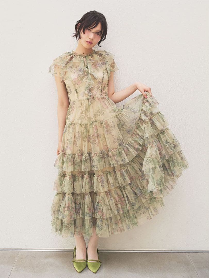 LILY BROWN ボタニカルチュールティアードドレス　BEG 1サイズ