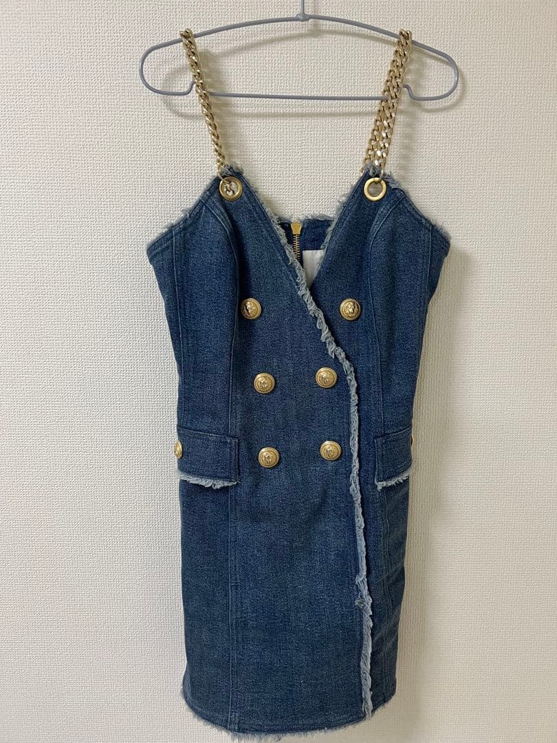 BALMAIN バルマン デニム ワンピース ドレス オーバーオール チェーン