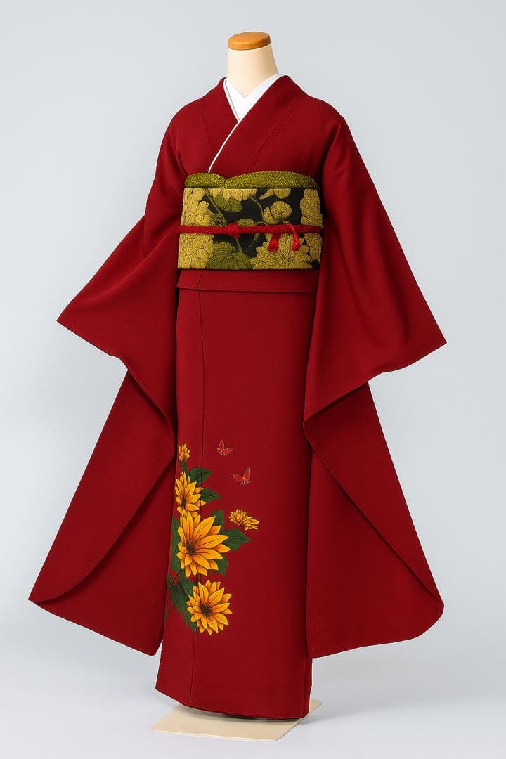 [美品] 単品　本振袖　振袖　正絹　成人式　結婚式　刺繍　蝶　向日葵　高身長