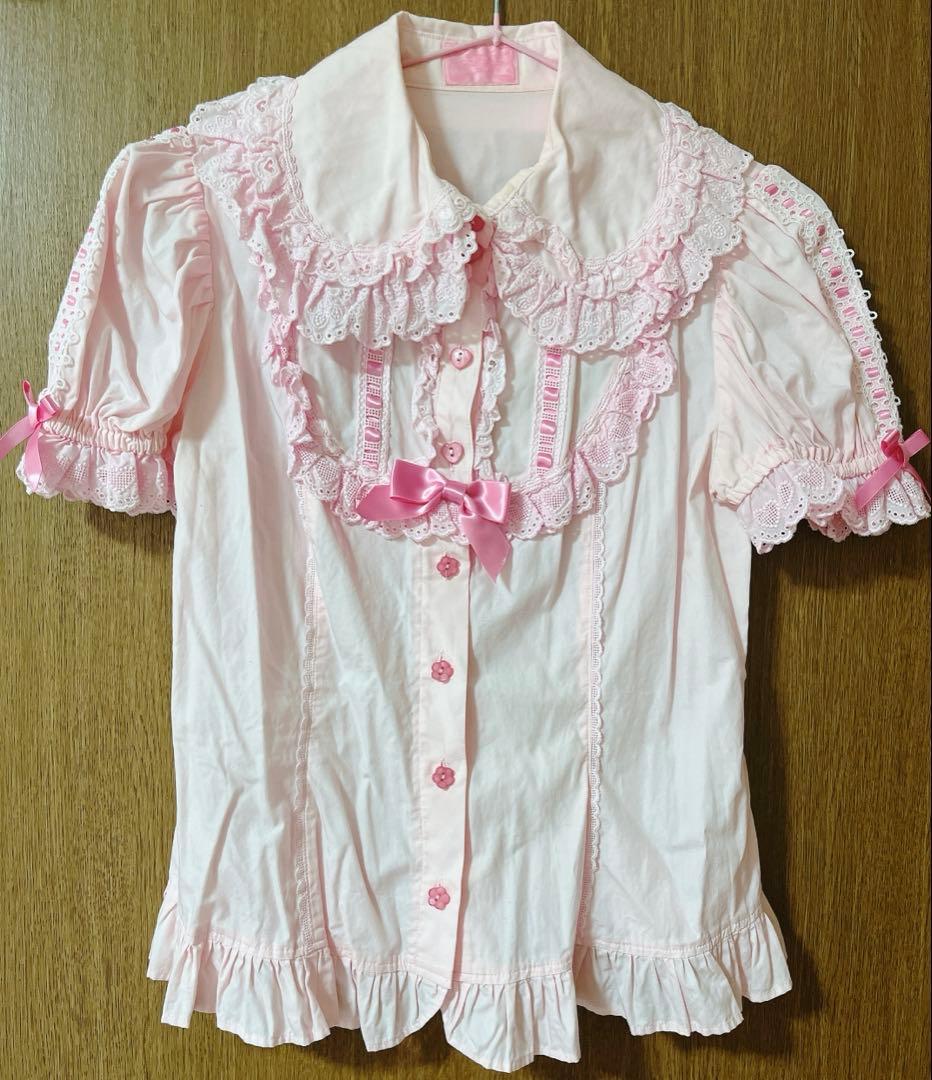 Angelic Pretty シャーリング はしごレース 半袖ブラウス ピンク