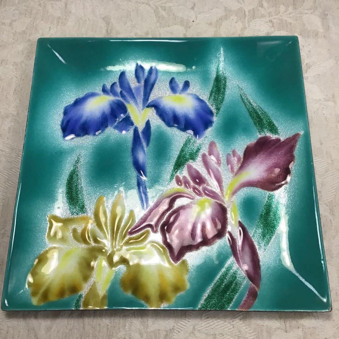 3本あやめ 七宝焼き 大皿 23.5cm 四角形 正方形