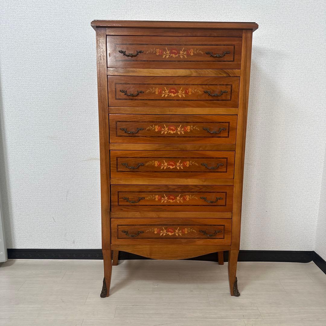 イタリア製 チェスト 6段6杯 象嵌 真鍮細工 金属取手 猫脚 i4※