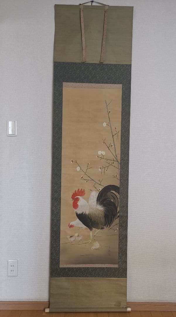 掛軸 弓家恒畝（ゆやこうほ）肉筆 群鶏図 自筆共箱 軸先は鹿角