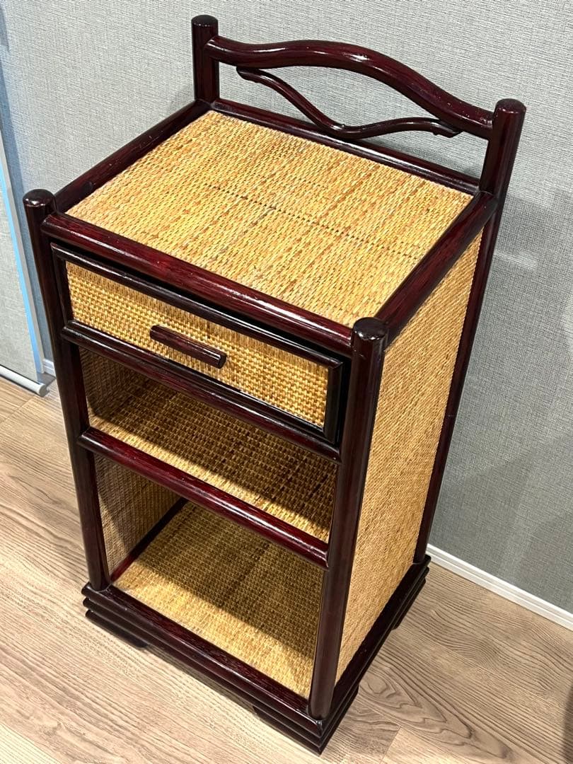 昭和レトロ 籐×木製 電話台 サイドチェスト 引き出し付き 和モダン