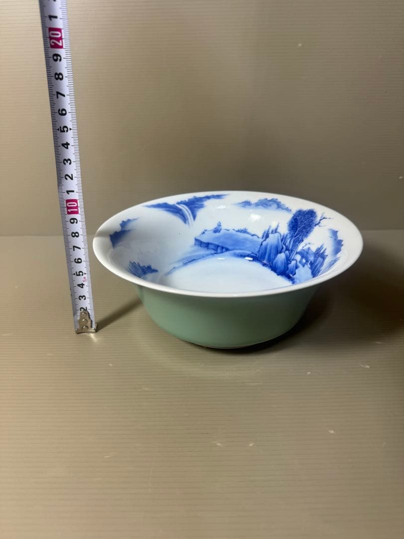 2614 深川製磁 宮内庁御用達 青磁 染付 山水図 鉢