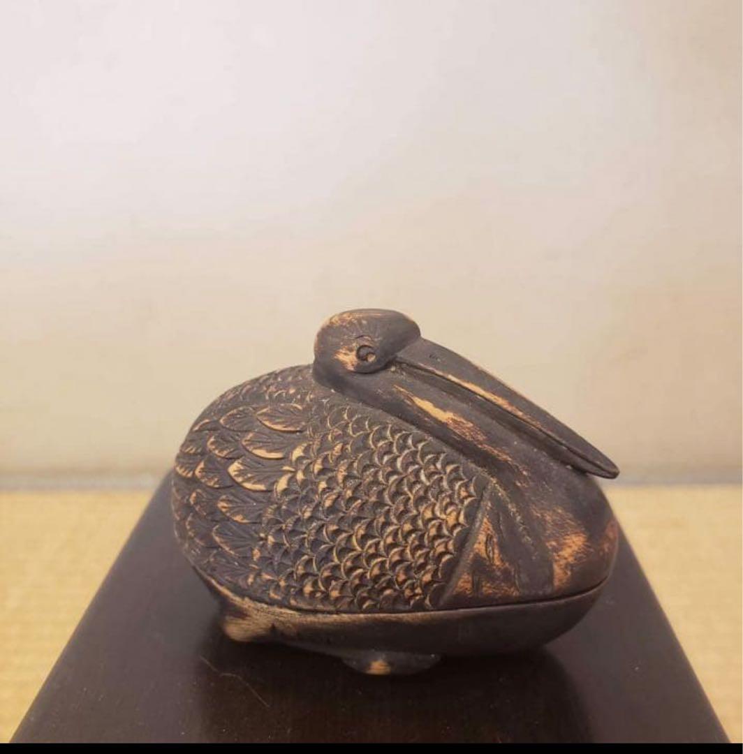 鶴の香合　香入れ　鶴の巣篭もり？　アンティーク横幅7.5センチ m-NO236