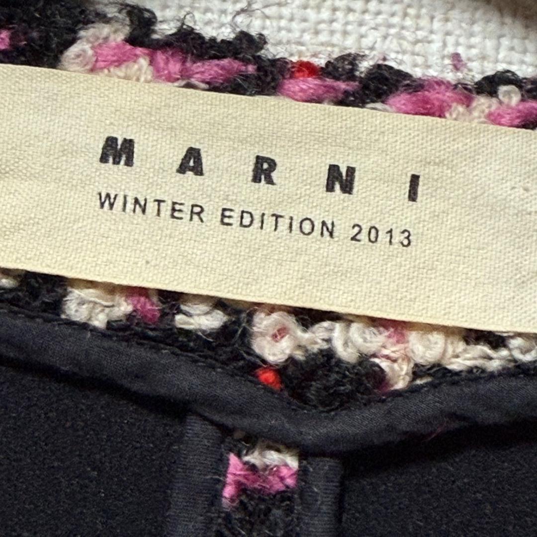 美品 MARNI マルチノーカラー ツイード チェック柄ロングコート ウール