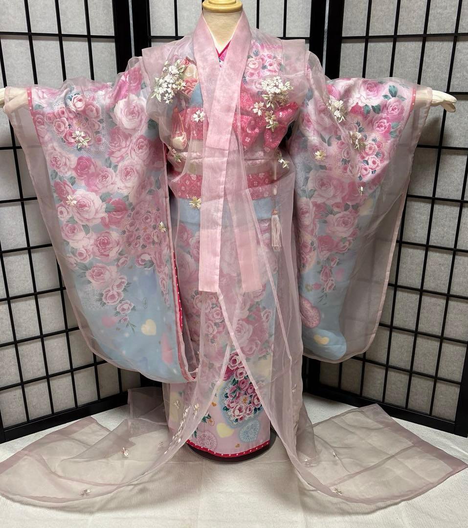 女の子　着物　羽衣　打ち掛け　オーガンジー　七五三　7歳　ハーフ成人式　ピンク色