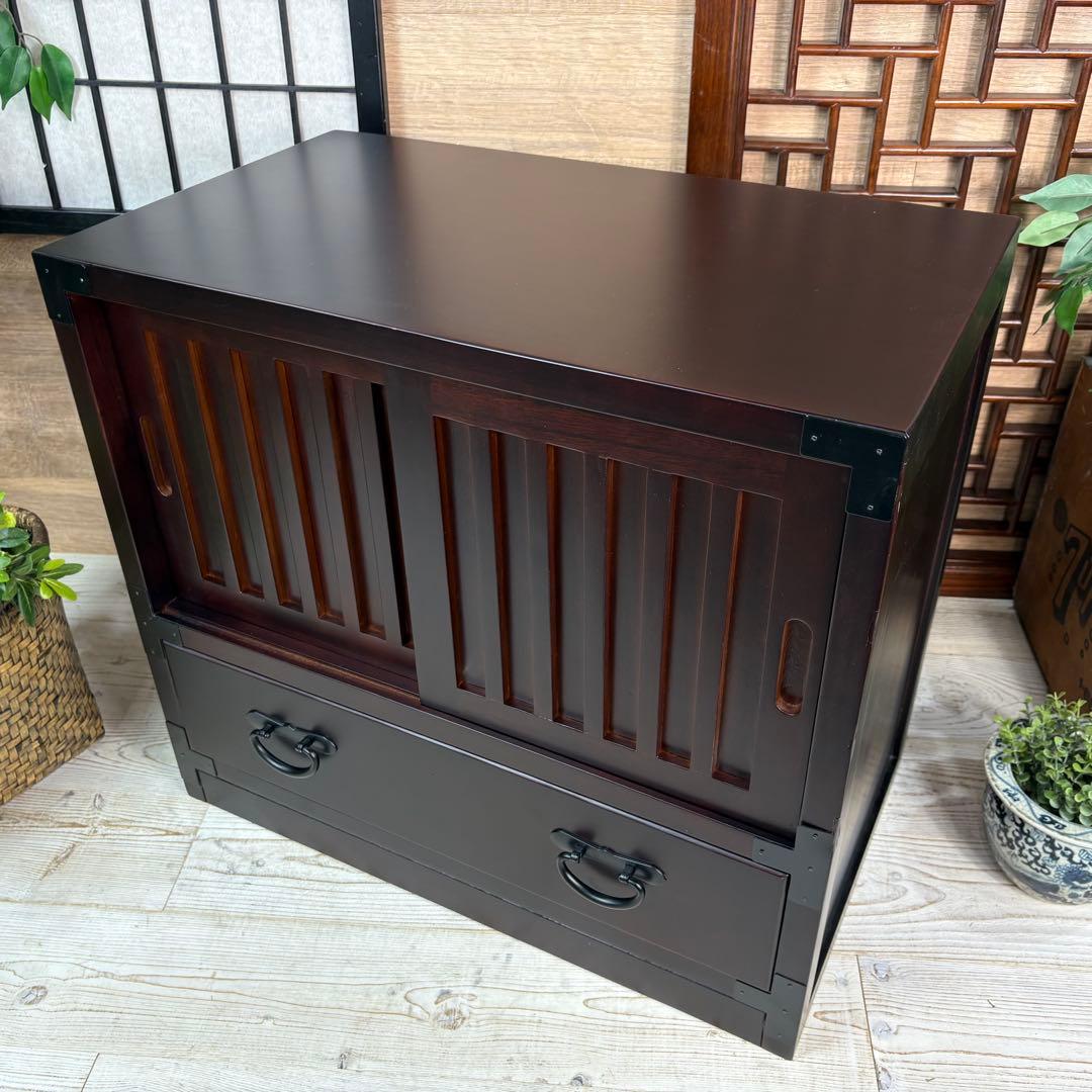 訳あり品！【118】民芸家具木製桐材無垢引き戸チェストタンス木製収納家具和室和風