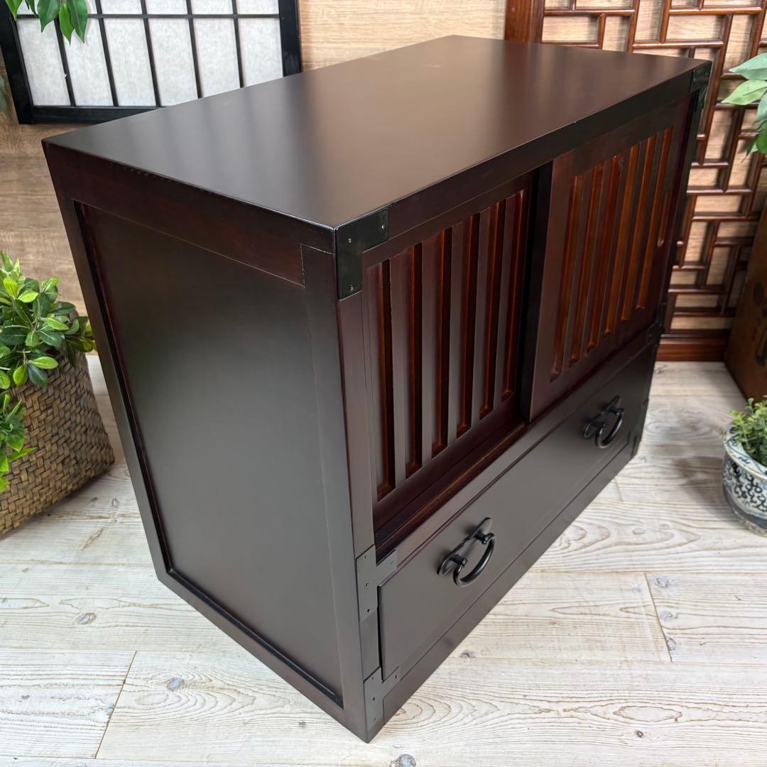 訳あり品！【118】民芸家具木製桐材無垢引き戸チェストタンス木製収納家具和室和風