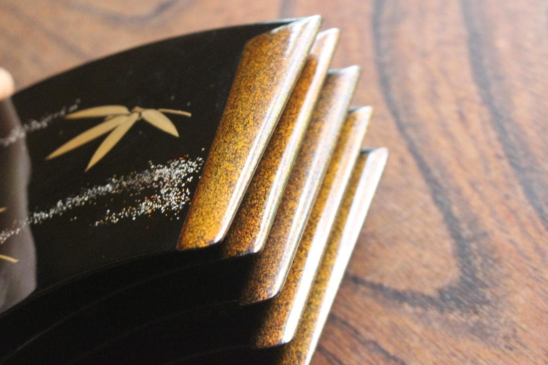 極上草花蒔絵の映える扇面銘々皿5点揃（検輪島塗銘々皿菓子皿茶道具