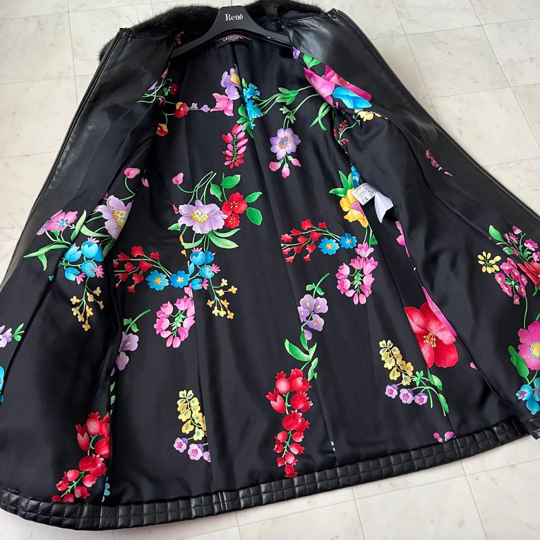美品♡レオナール キルティング レザージャケット コート 裏地花柄 ファー 11
