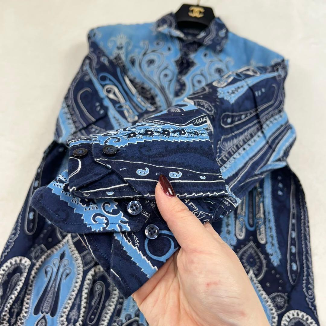 K557 美品 S エトロ イタリア製 ペイズリー 長袖 シャツ ブルー メンズ