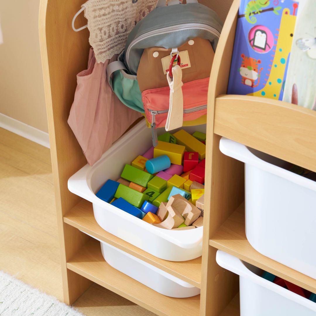 おもちゃ収納ラックハンガーバー付き 子ども用家具 木製 収納ケースワイドタイプ