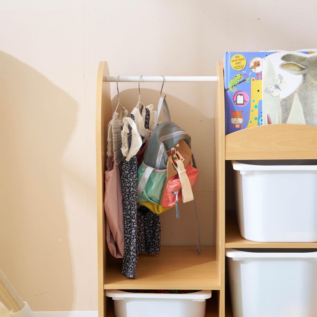 おもちゃ収納ラックハンガーバー付き 子ども用家具 木製 収納ケースワイドタイプ