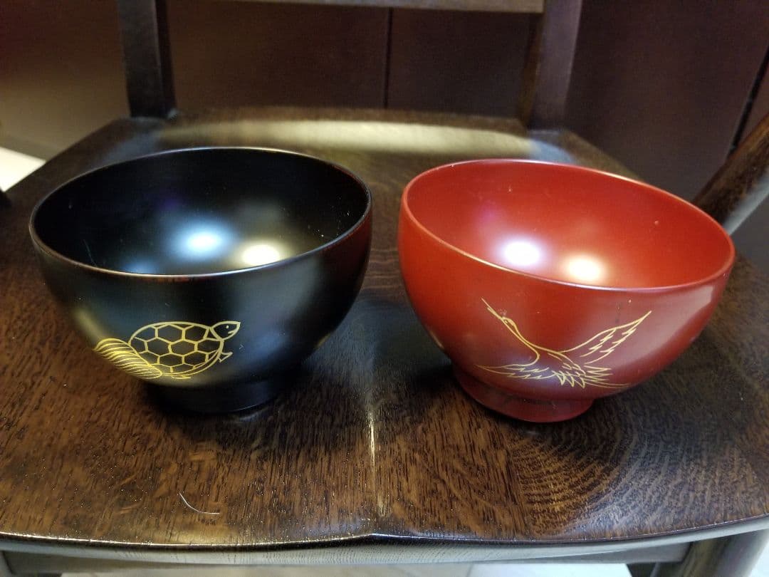 漆　鶴亀夫婦椀