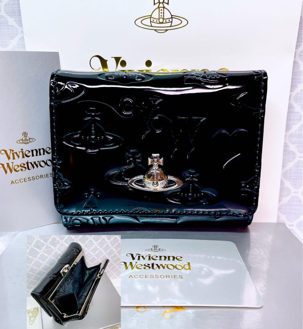 【内側に素敵な柄♡新作】Vivienne Westwood 折財布 黒エナメル